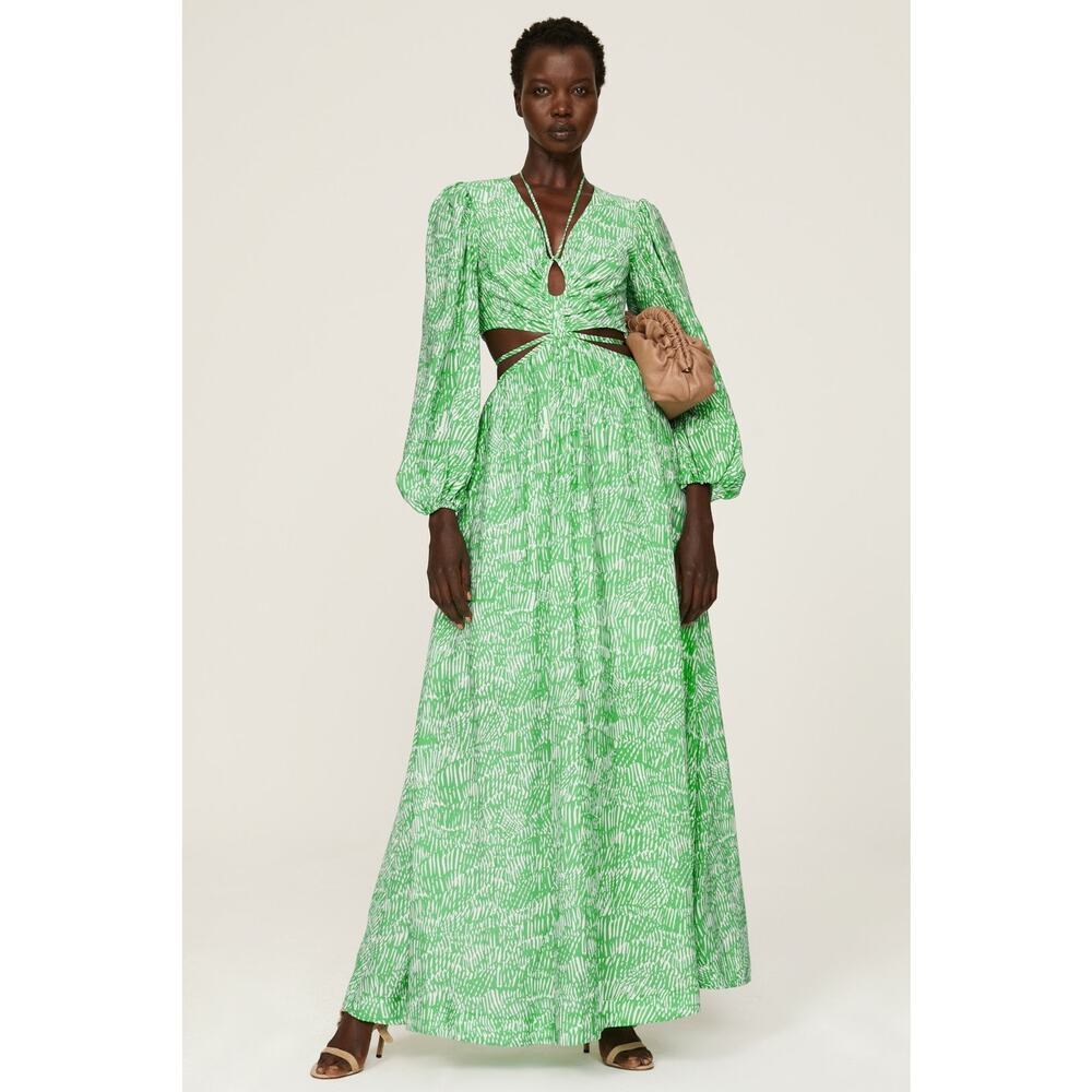 Jonathan Simkhai Adelaide Green Floral Print Satin Cutouts Maxi Dress size XS